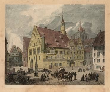A historic painting of the Town Hall