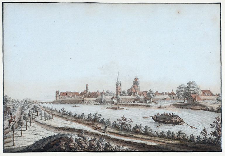Painting of the skyline of Ulm with a Ulmer Schachtel in the middle